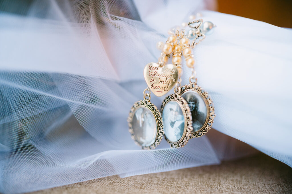 Bouquet charms containing photos of lost loved ones